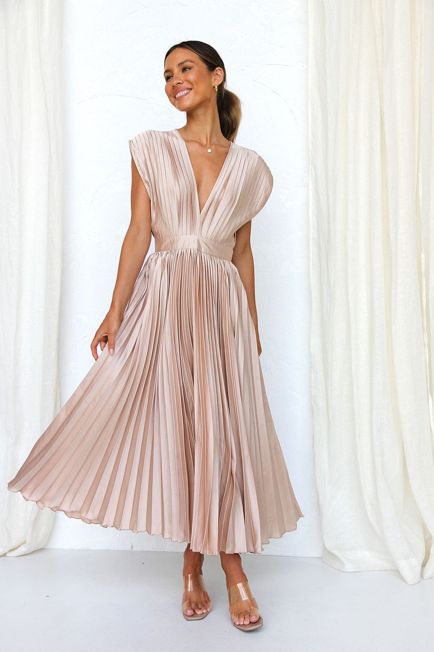 MADISYN - VESTIDO CON FALDA PLISADA Y ESCOTE EN V FLUIDO