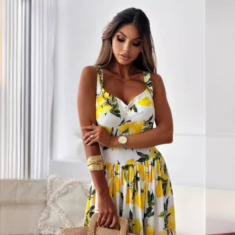 CERELIA - VESTIDO LARGO ELEGANTE CON ESTAMPADO DE LIMÓN