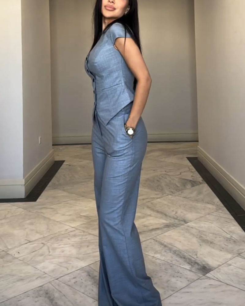 VERIA - CONJUNTO DE BLUSA DE ESCOTE EN V Y PANTALONES