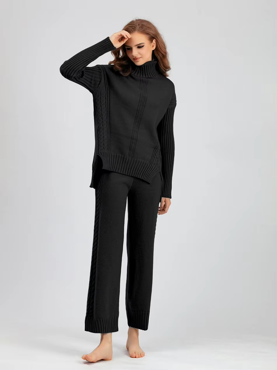 Scarlett™ - Conjunto de Suéter de Punto con Cuello Alto y Pantalones Holgados con Estilo