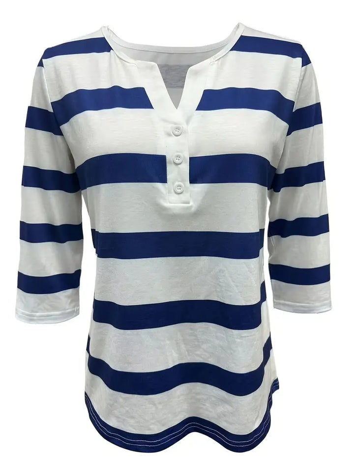 EIRAH - BLUSA ESENCIAL CON ESCOTE EN V Y ESTAMPADO DE RAYAS