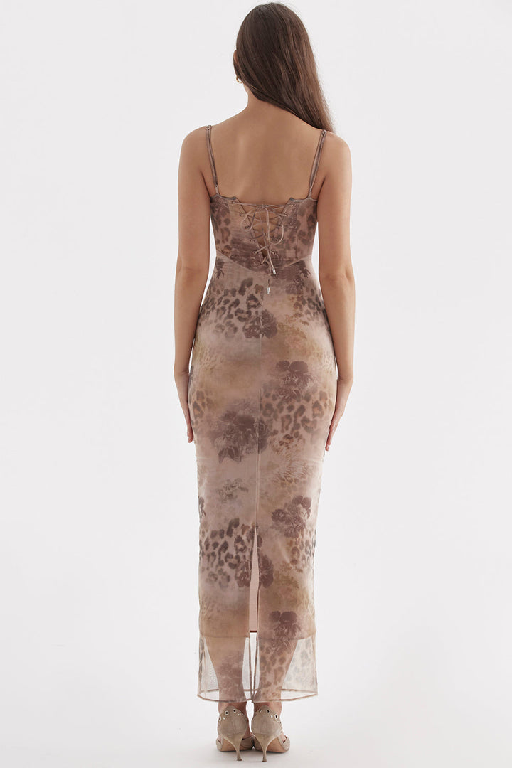 INDIGO - VESTIDO MIDI AJUSTADO CON TIRANTES Y ESTAMPADO DE LEOPARDO