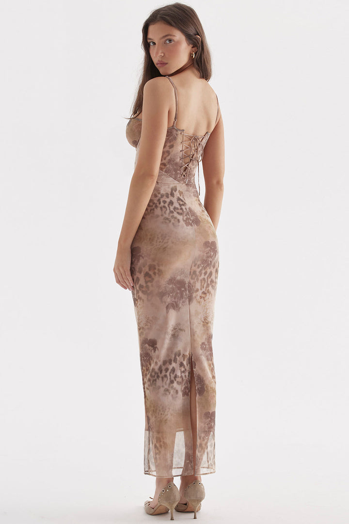 INDIGO - VESTIDO MIDI AJUSTADO CON TIRANTES Y ESTAMPADO DE LEOPARDO