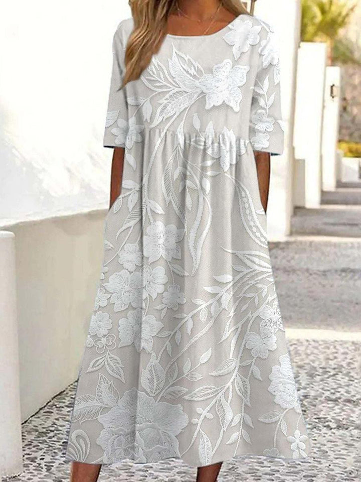 Vestido Midi Básico de Cuello Redondo y Manga Corta