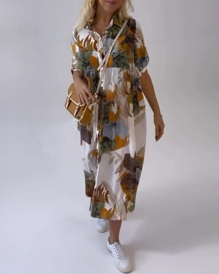 JOPLIN - VESTIDO CASUAL CON ESTAMPADO DE HOJAS Y CUELLO SOLAPA