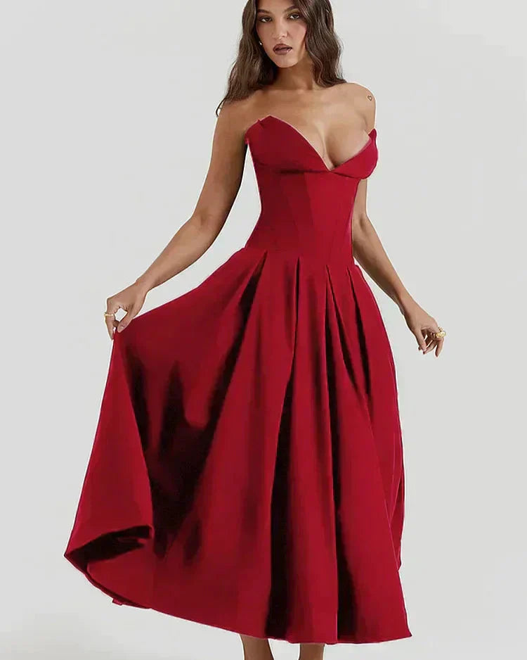 EMERSYN - ELEGANTE VESTIDO DE GALA SIN TIRANTES CON ESCOTE PROFUNDO EN V