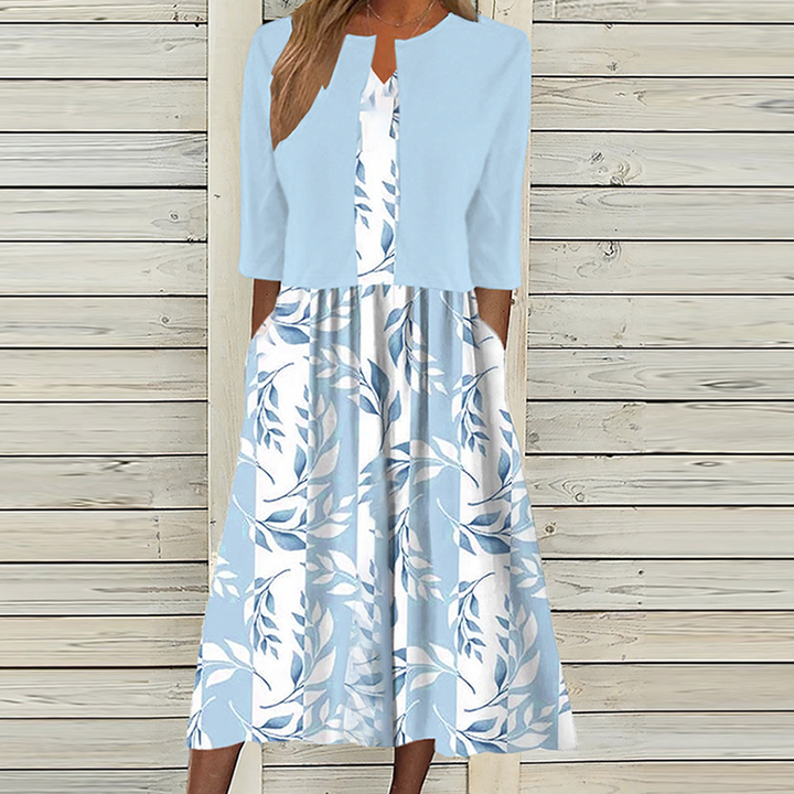 Vestido Midi Único con Estampado Azul de Plantas con Chaqueta