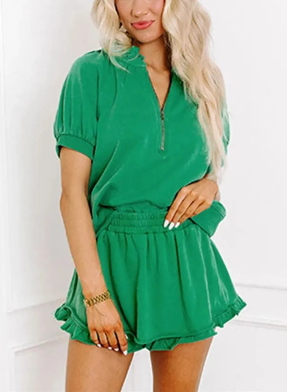 HERSHEY - CONJUNTO DE BLUSA CON CREMALLERA Y VOLANTES PARA MUJER