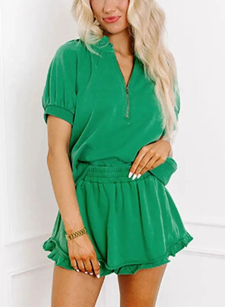 HERSHEY - CONJUNTO DE BLUSA CON CREMALLERA Y VOLANTES PARA MUJER