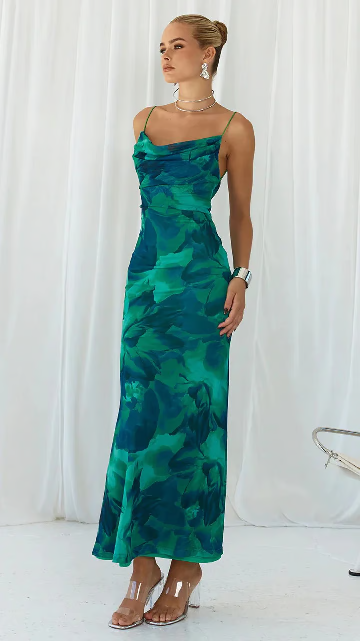 Gina - Vestido Maxi Halter Floral Verde