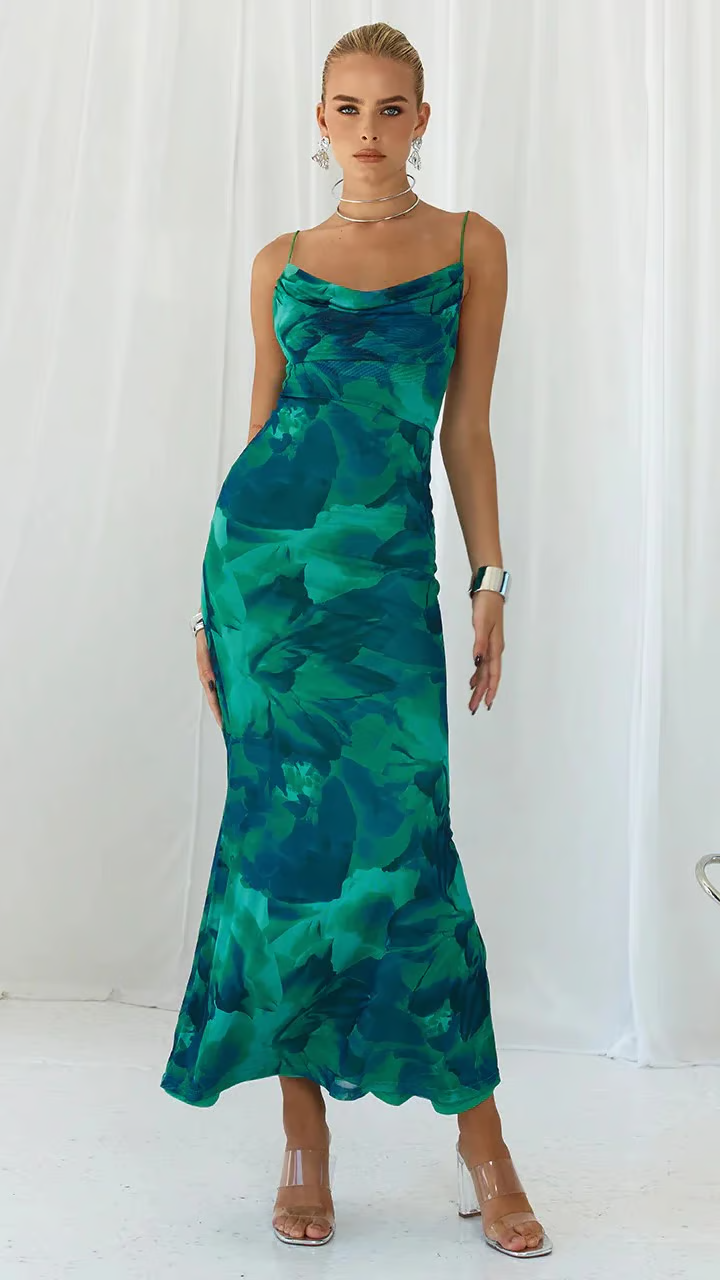 Gina - Vestido Maxi Halter Floral Verde