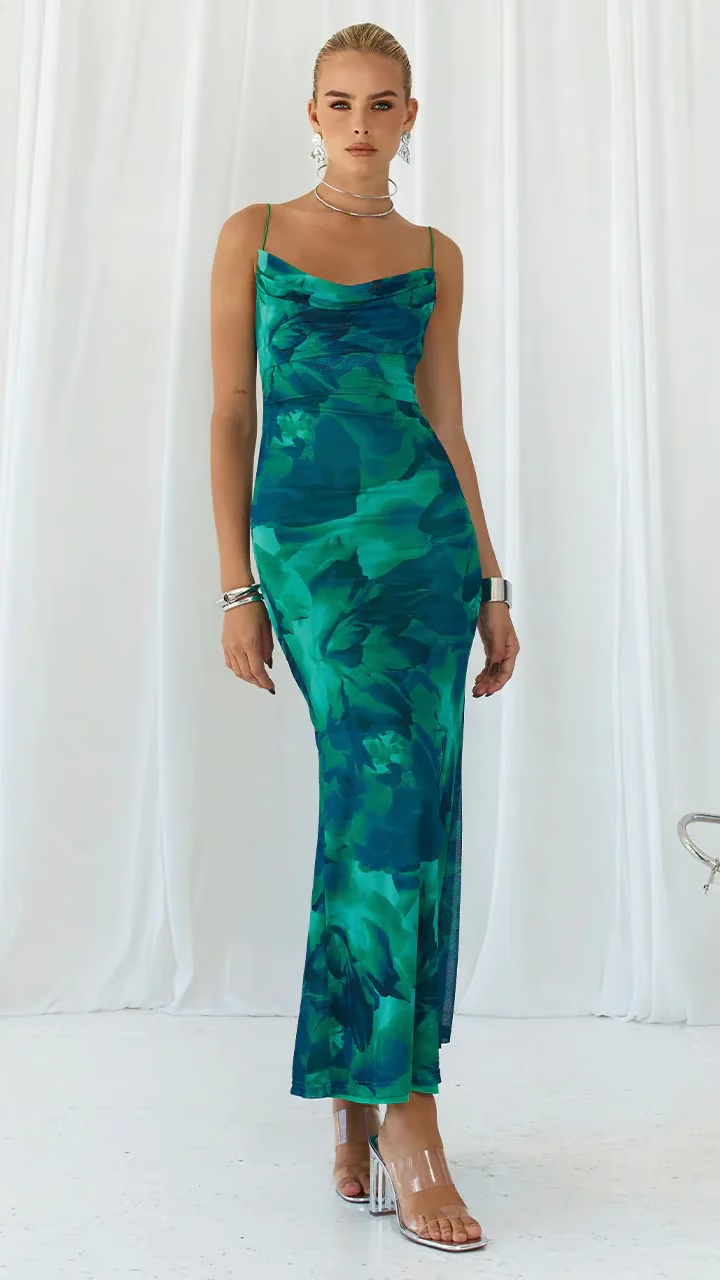 Gina - Vestido Maxi Halter Floral Verde
