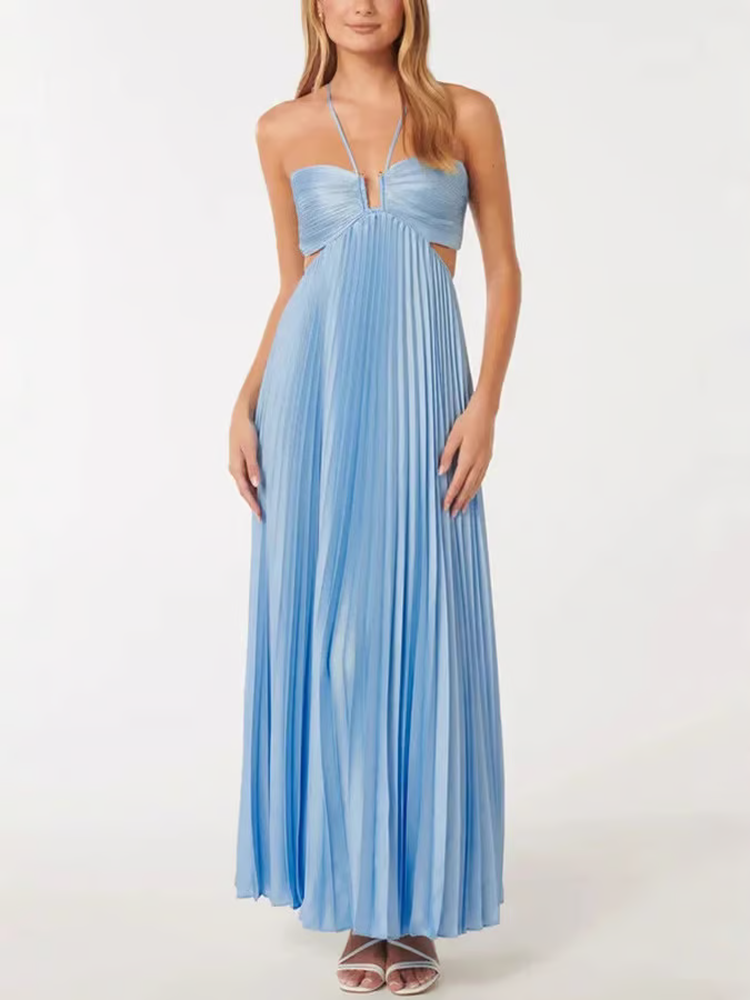 Dara - Vestido Maxi azul sexy plisado sin tirantes halter