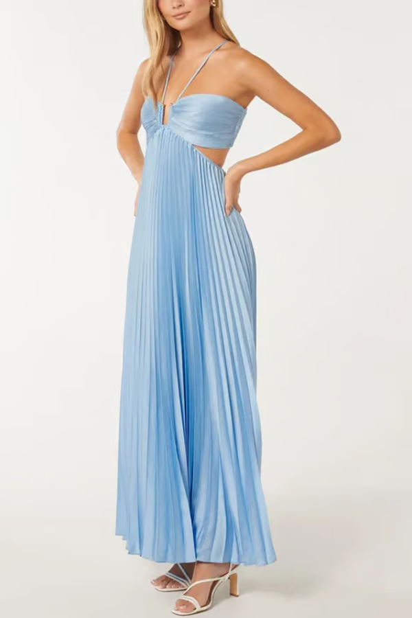 Dara - Vestido Maxi azul sexy plisado sin tirantes halter