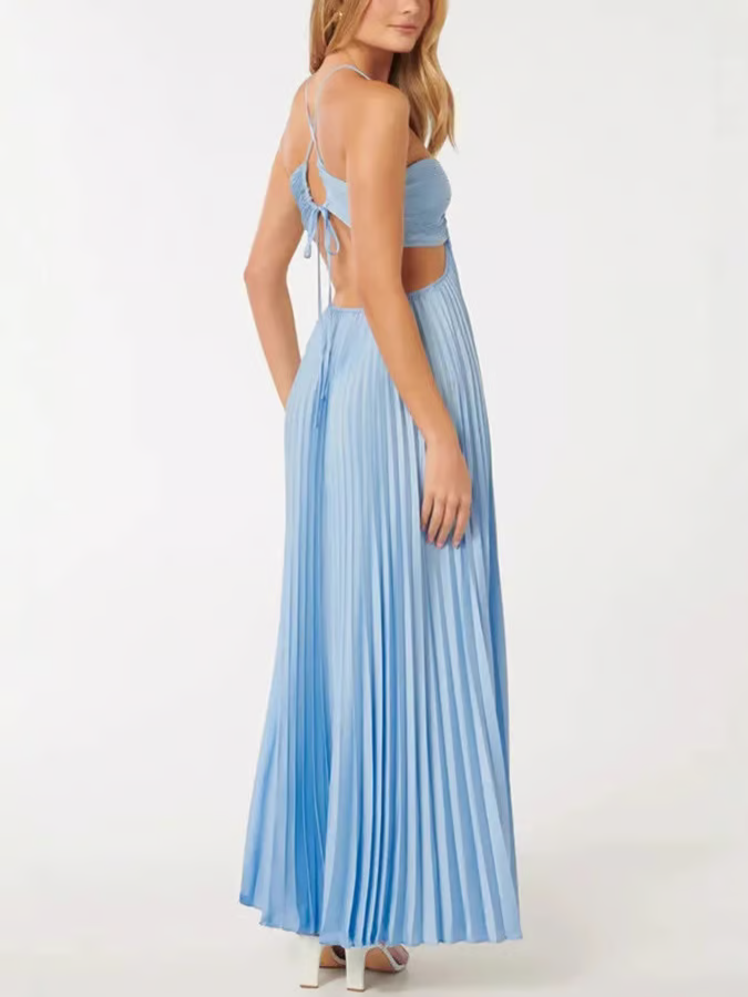Dara - Vestido Maxi azul sexy plisado sin tirantes halter