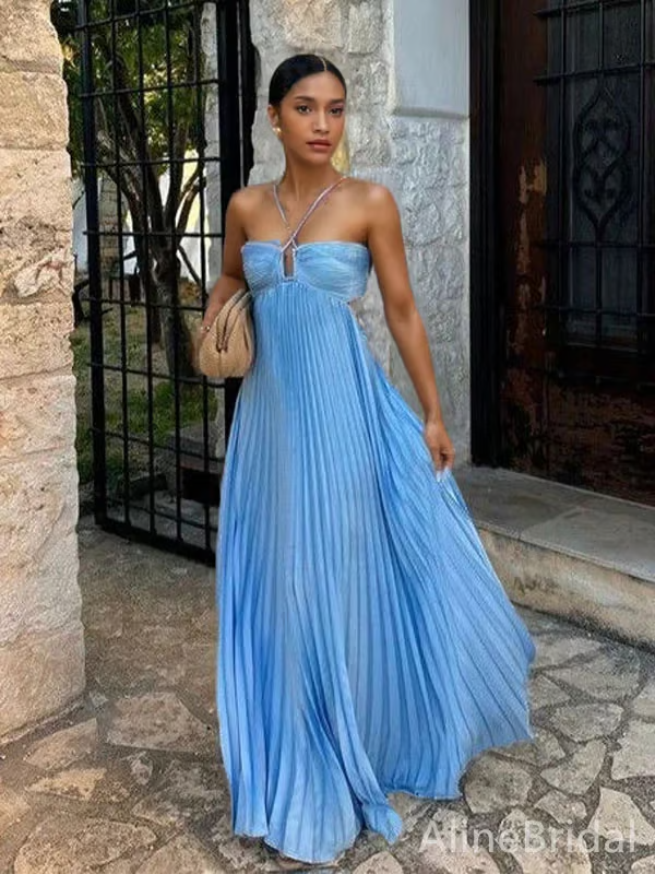 Dara - Vestido Maxi azul sexy plisado sin tirantes halter