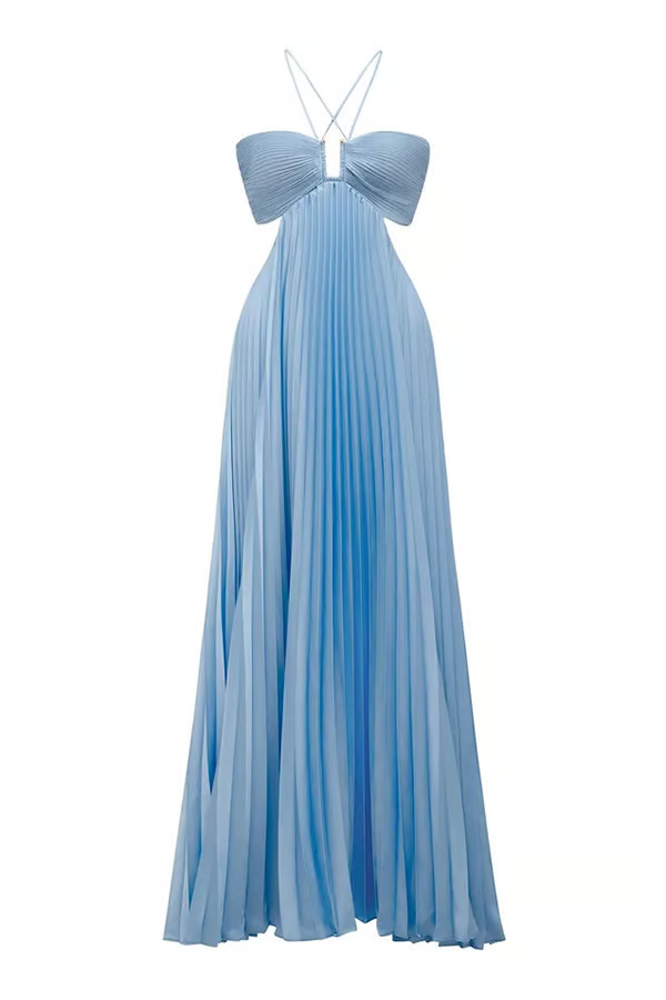 Dara - Vestido Maxi azul sexy plisado sin tirantes halter