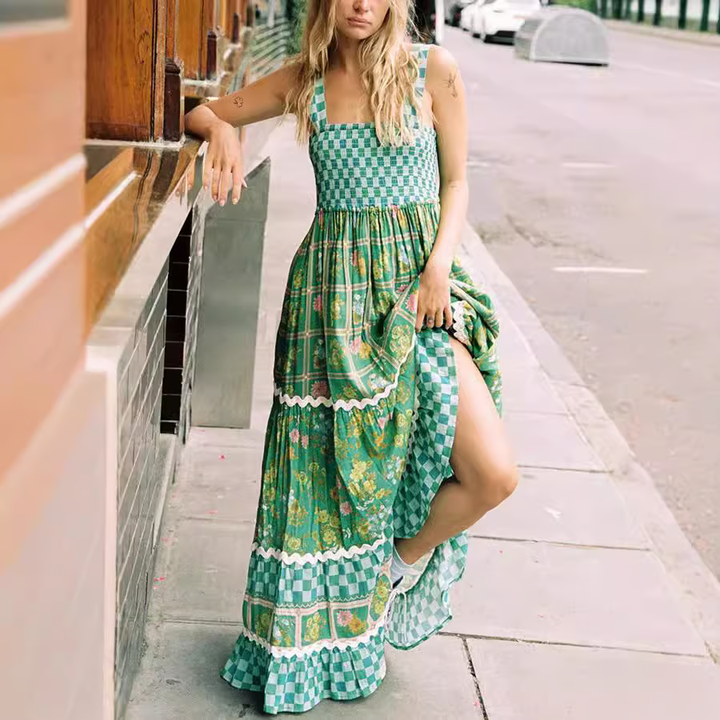 Pola - Vestido Maxi de Vacaciones con Estampado Floral Verde