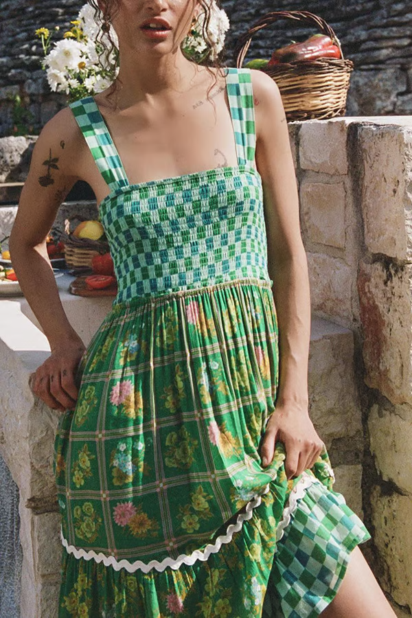 Pola - Vestido Maxi de Vacaciones con Estampado Floral Verde