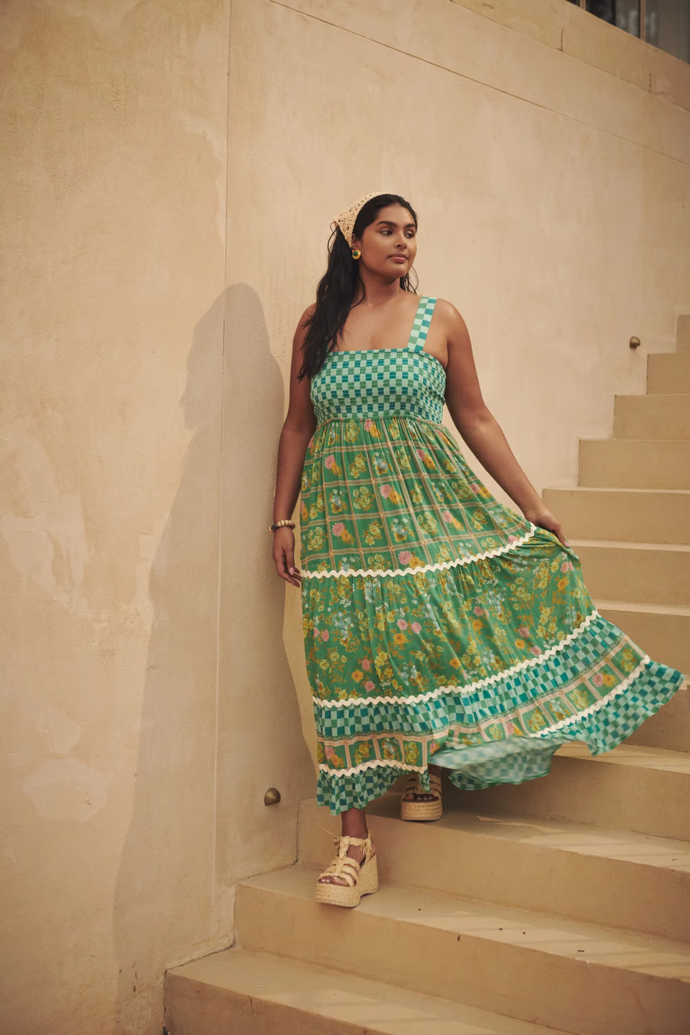 Pola - Vestido Maxi de Vacaciones con Estampado Floral Verde