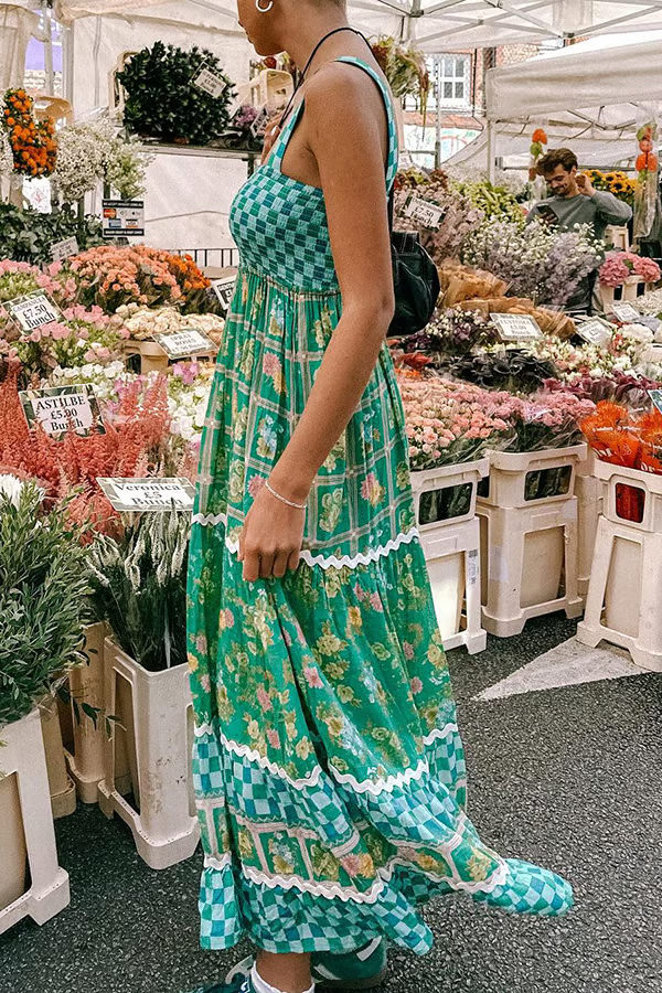 Pola - Vestido Maxi de Vacaciones con Estampado Floral Verde