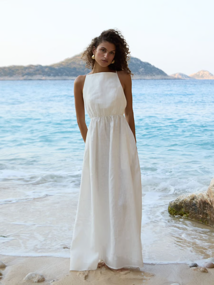Sandi - Vestido maxi sexy sin espalda con tirantes de lazo