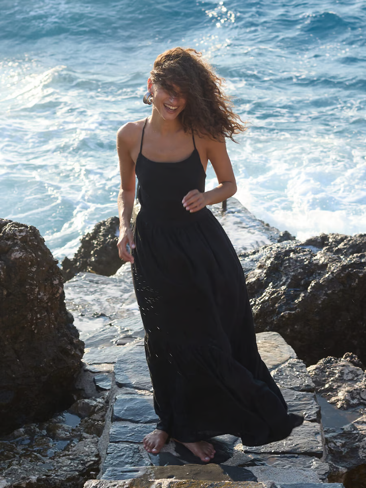 Sandi - Vestido maxi sexy sin espalda con tirantes de lazo