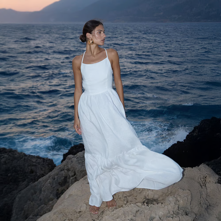 Sandi - Vestido maxi sexy sin espalda con tirantes de lazo