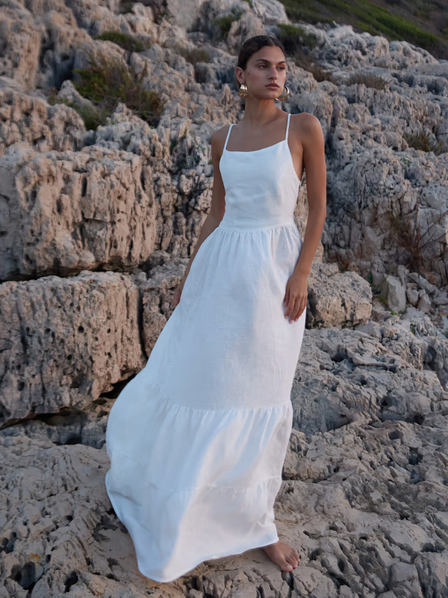 Sandi - Vestido maxi sexy sin espalda con tirantes de lazo