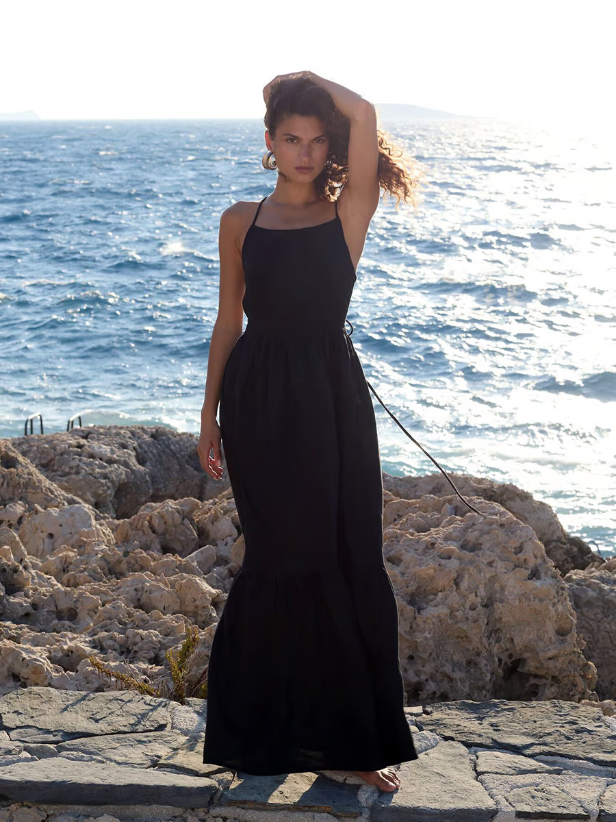 Sandi - Vestido maxi sexy sin espalda con tirantes de lazo