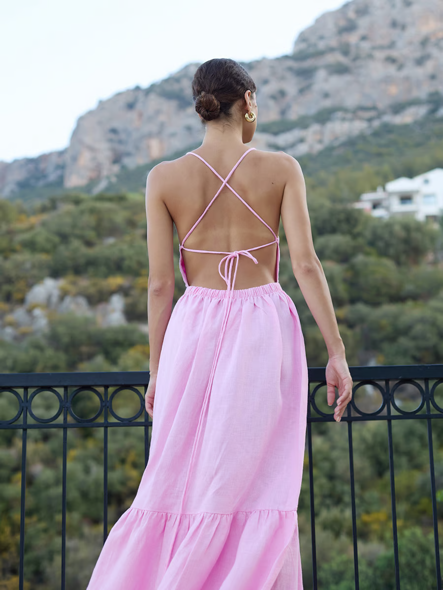 Sandi - Vestido maxi sexy sin espalda con tirantes de lazo