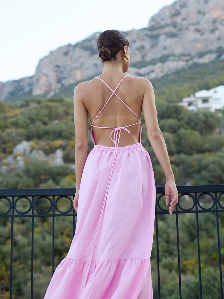 Sandi - Vestido maxi sexy sin espalda con tirantes de lazo