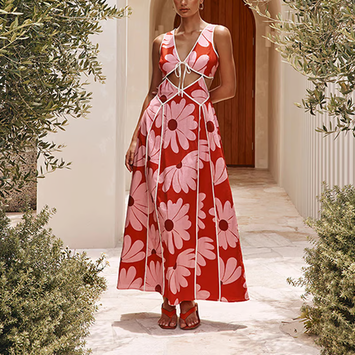 Rachel - Vestido Maxi de Vacaciones con Estampado de Margarita Roja