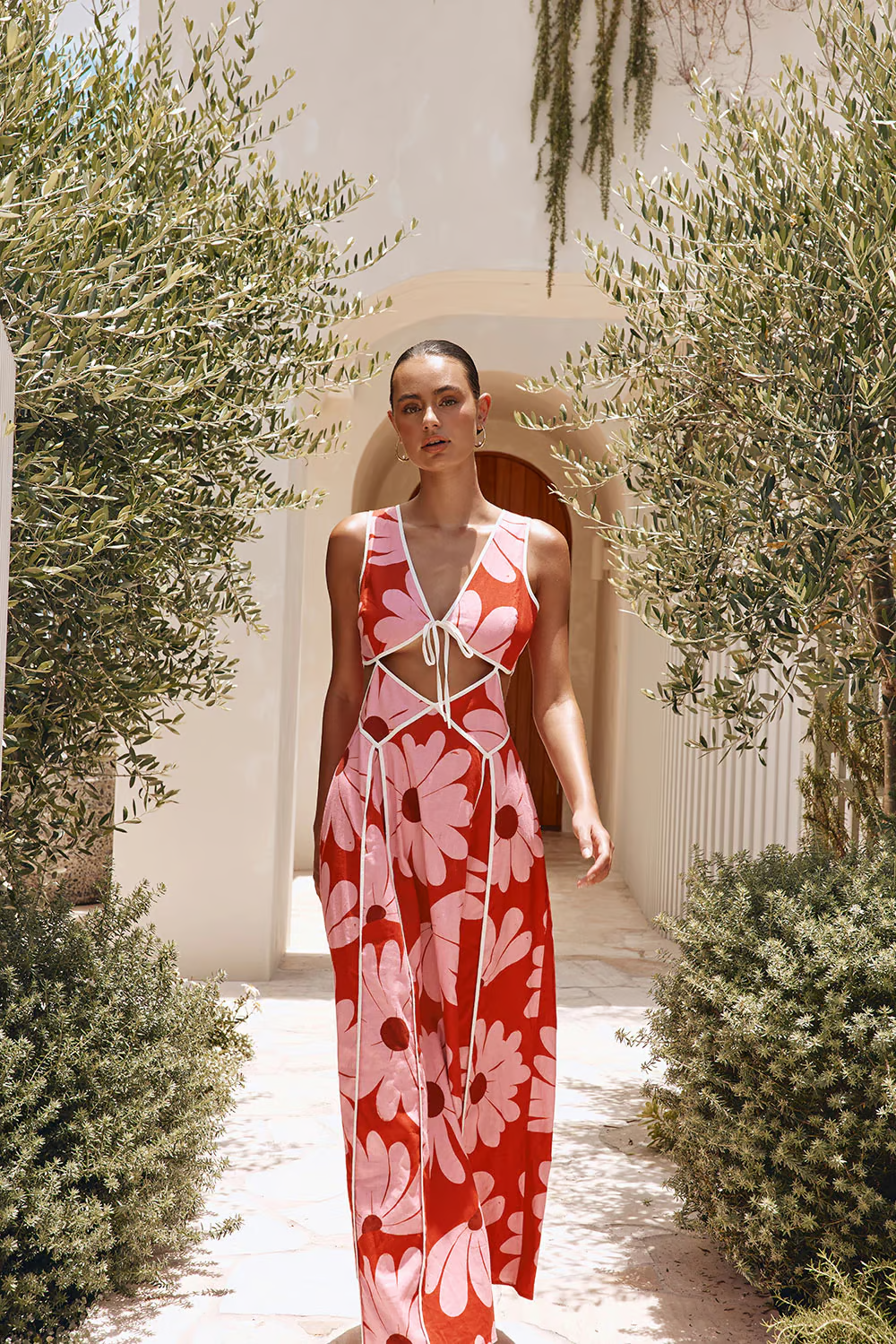 Rachel - Vestido Maxi de Vacaciones con Estampado de Margarita Roja