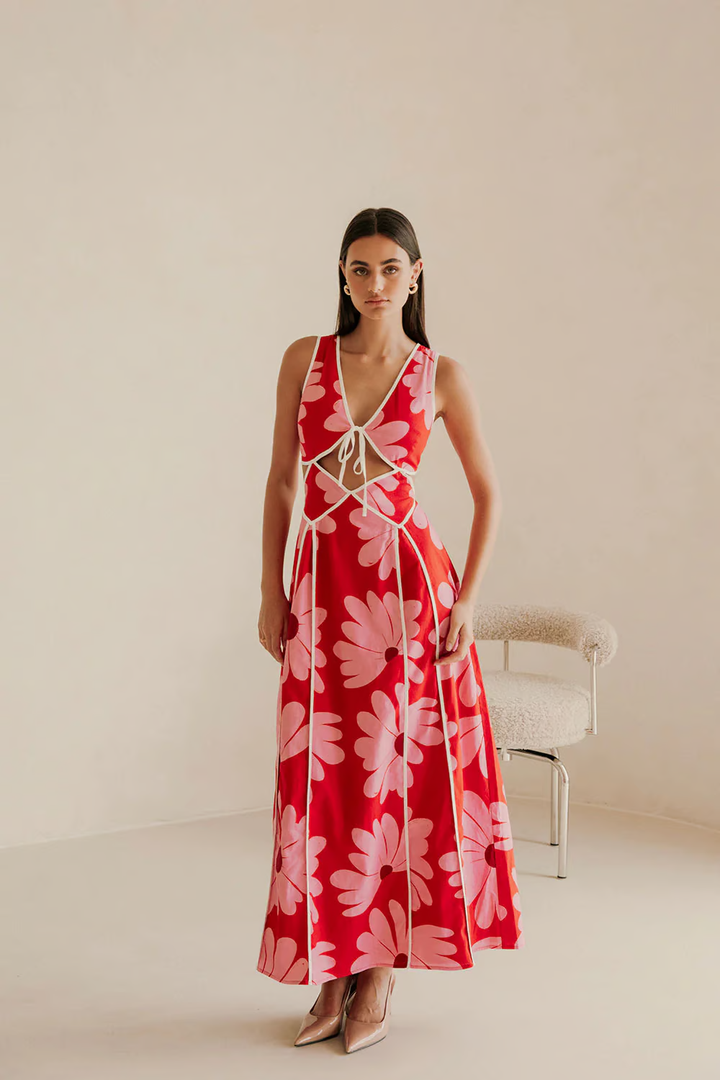 Rachel - Vestido Maxi de Vacaciones con Estampado de Margarita Roja