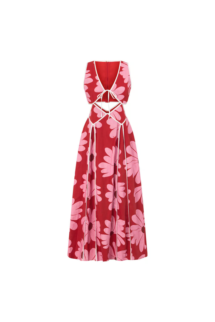 Rachel - Vestido Maxi de Vacaciones con Estampado de Margarita Roja