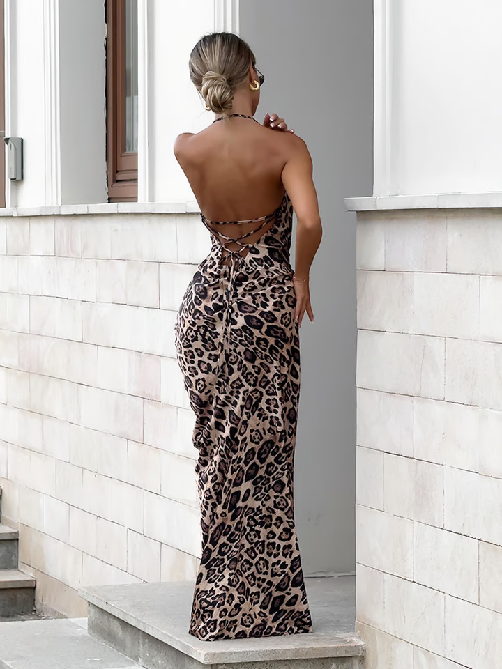 Farina - Vestido maxi con tirantes y estampado de leopardo a la moda