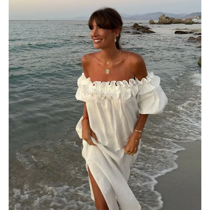 Gracie - Vestido Maxi con Mangas Abullonadas y Hombros Descubiertos