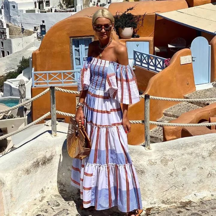 Lily - Vestido Maxi con Volantes, Rayas y Estampado Bandeau