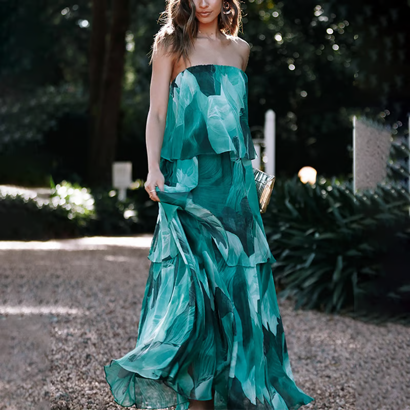 Chelsea - Vestido Maxi Estampado con Volantes y Hombros Descubiertos