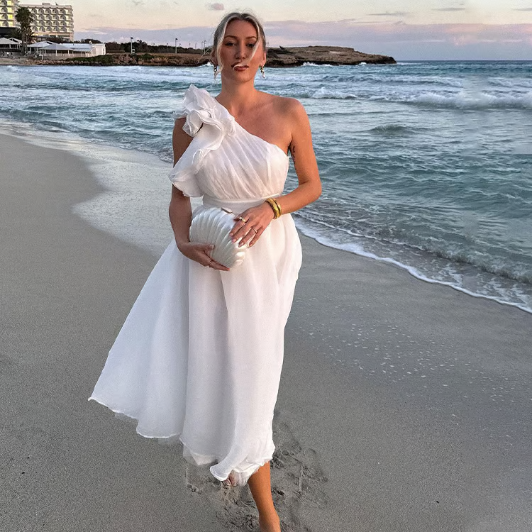 Jelly - Vestido Maxi con Volantes en Hombro Oblicuo