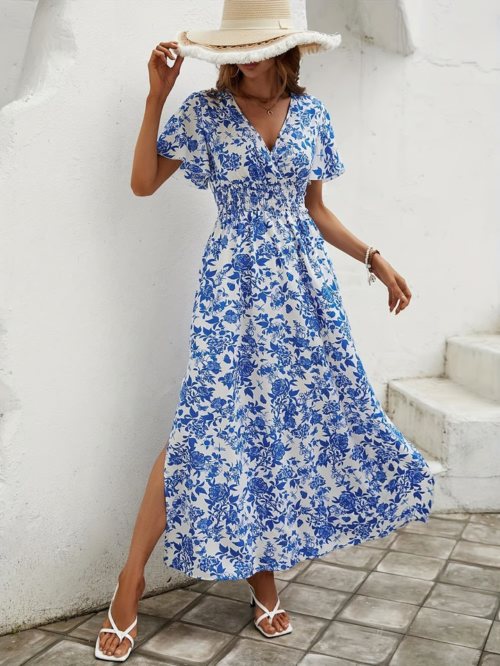 Brina - Vestido maxi ajustado con escote en V y estampado floral azul