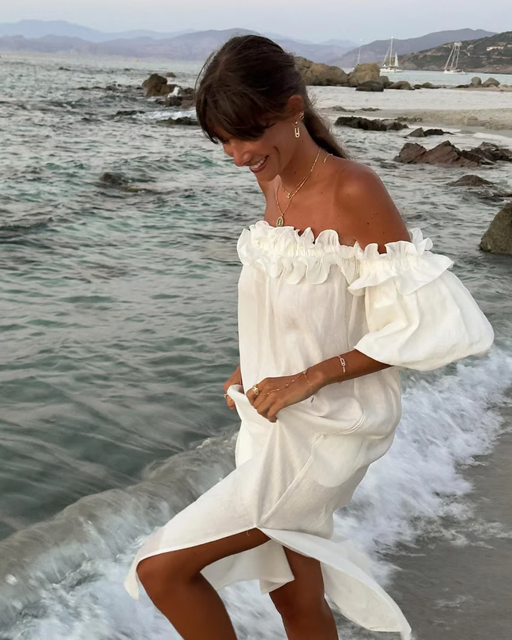 Gracie - Vestido Maxi con Mangas Abullonadas y Hombros Descubiertos