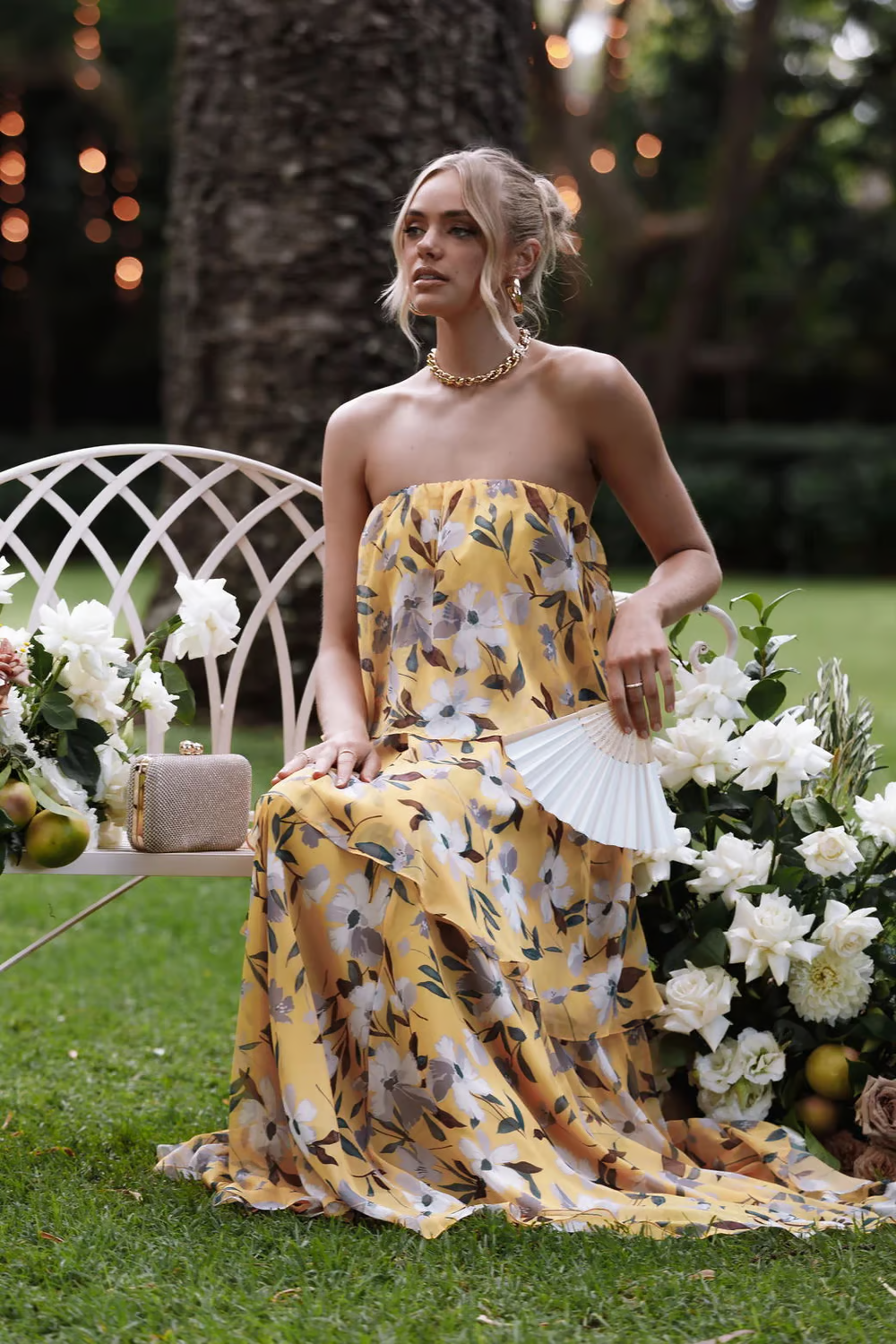 Chelsea - Vestido Maxi Estampado con Volantes y Hombros Descubiertos