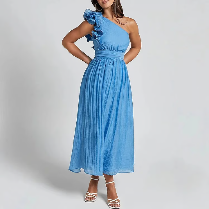 Jelly - Vestido Maxi con Volantes en Hombro Oblicuo