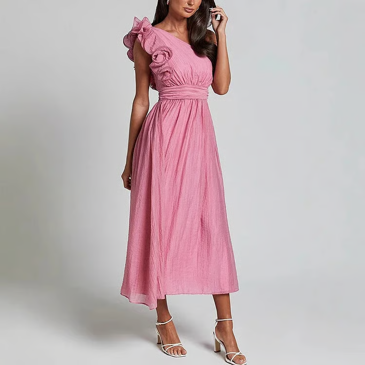 Jelly - Vestido Maxi con Volantes en Hombro Oblicuo