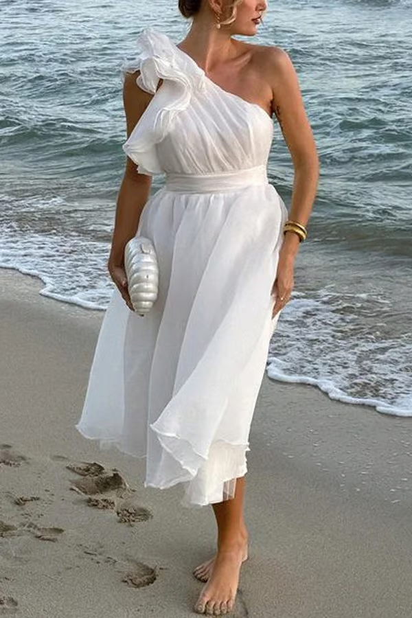 Jelly - Vestido Maxi con Volantes en Hombro Oblicuo