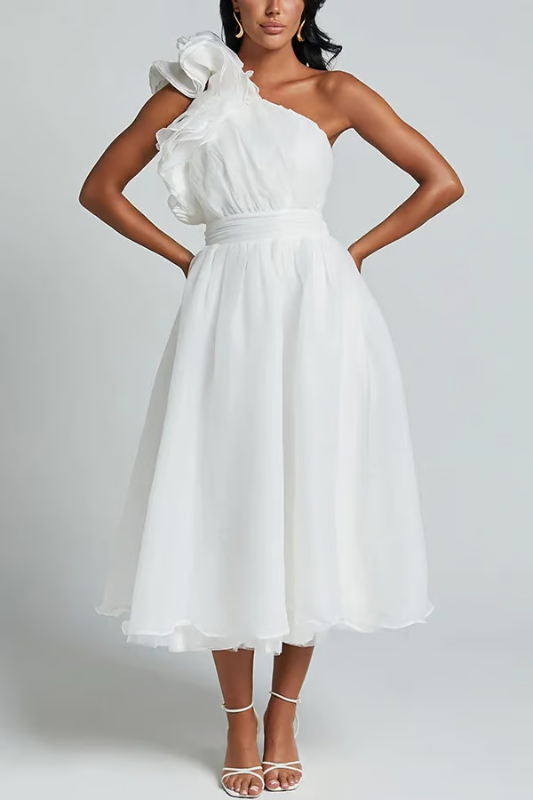 Jelly - Vestido Maxi con Volantes en Hombro Oblicuo