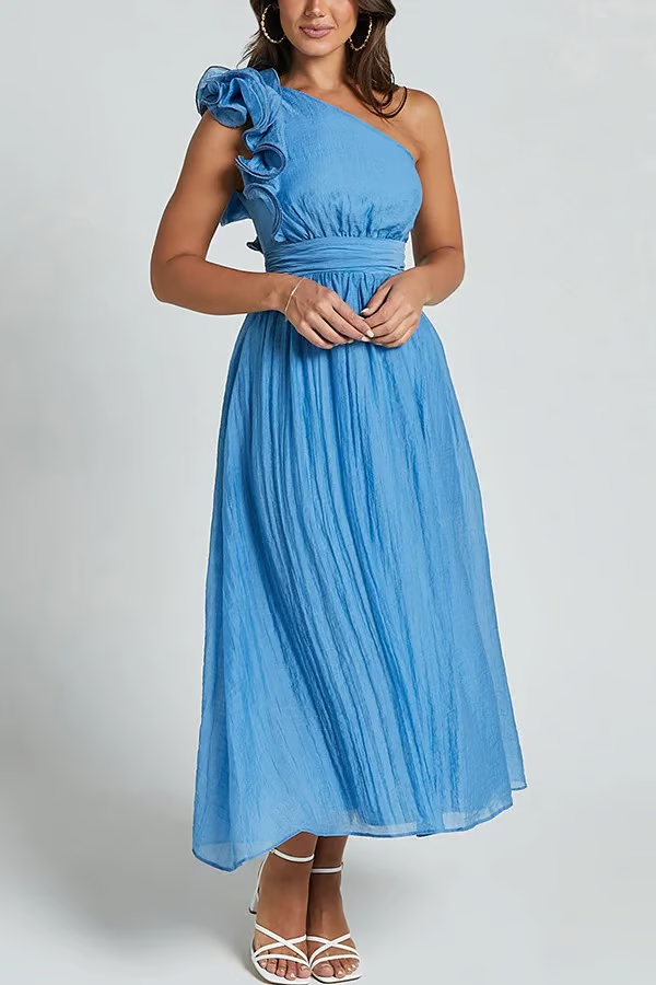 Jelly - Vestido Maxi con Volantes en Hombro Oblicuo