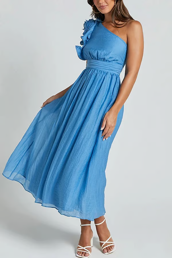 Jelly - Vestido Maxi con Volantes en Hombro Oblicuo